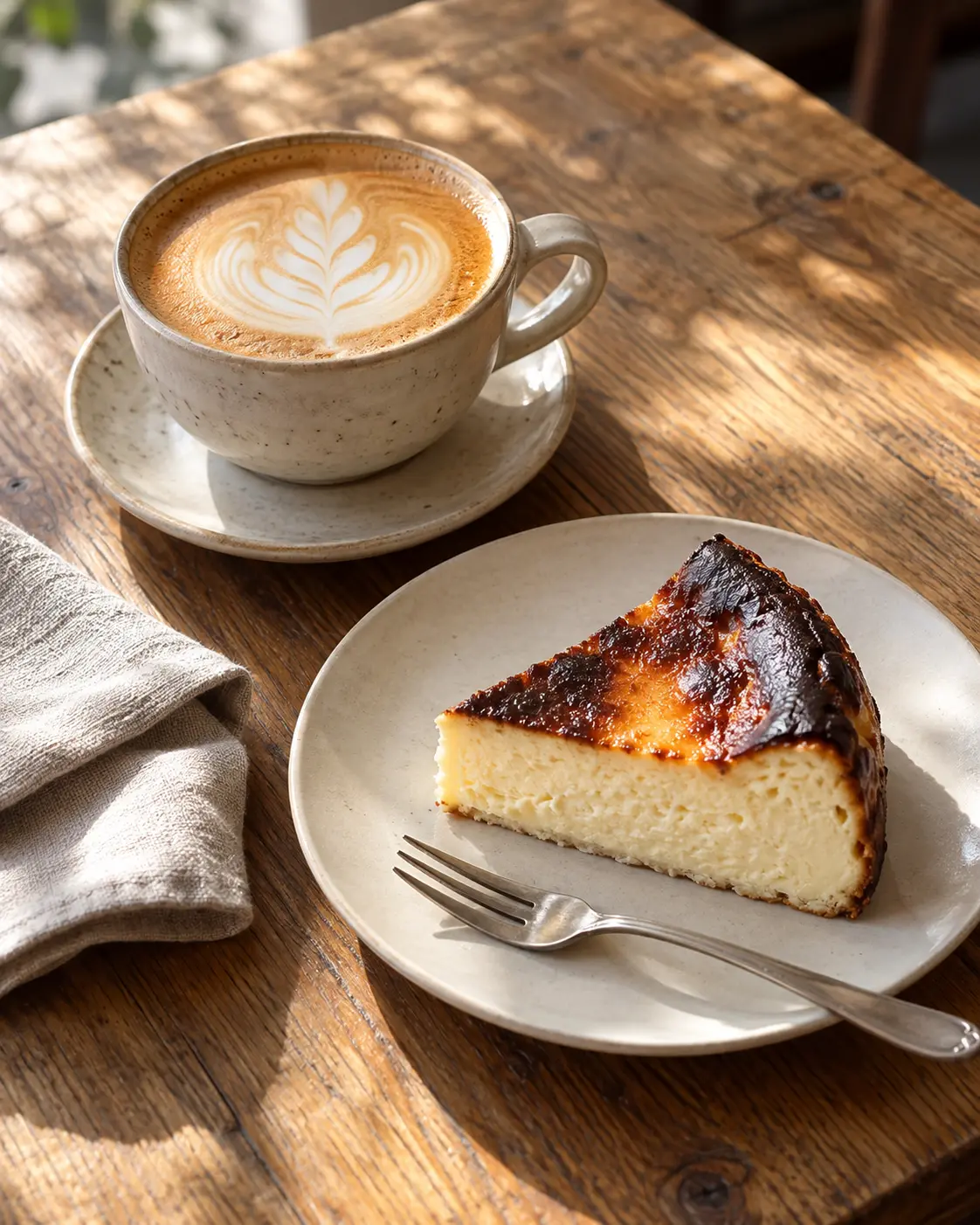 なめらかなミルクのカフェラテと、こんがり焼き色のついたバスクチーズケーキ