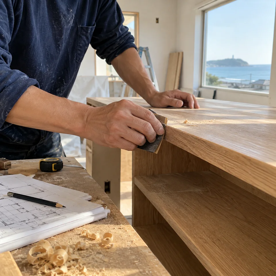 木の棚の角を手で磨く職人の生成イメージ