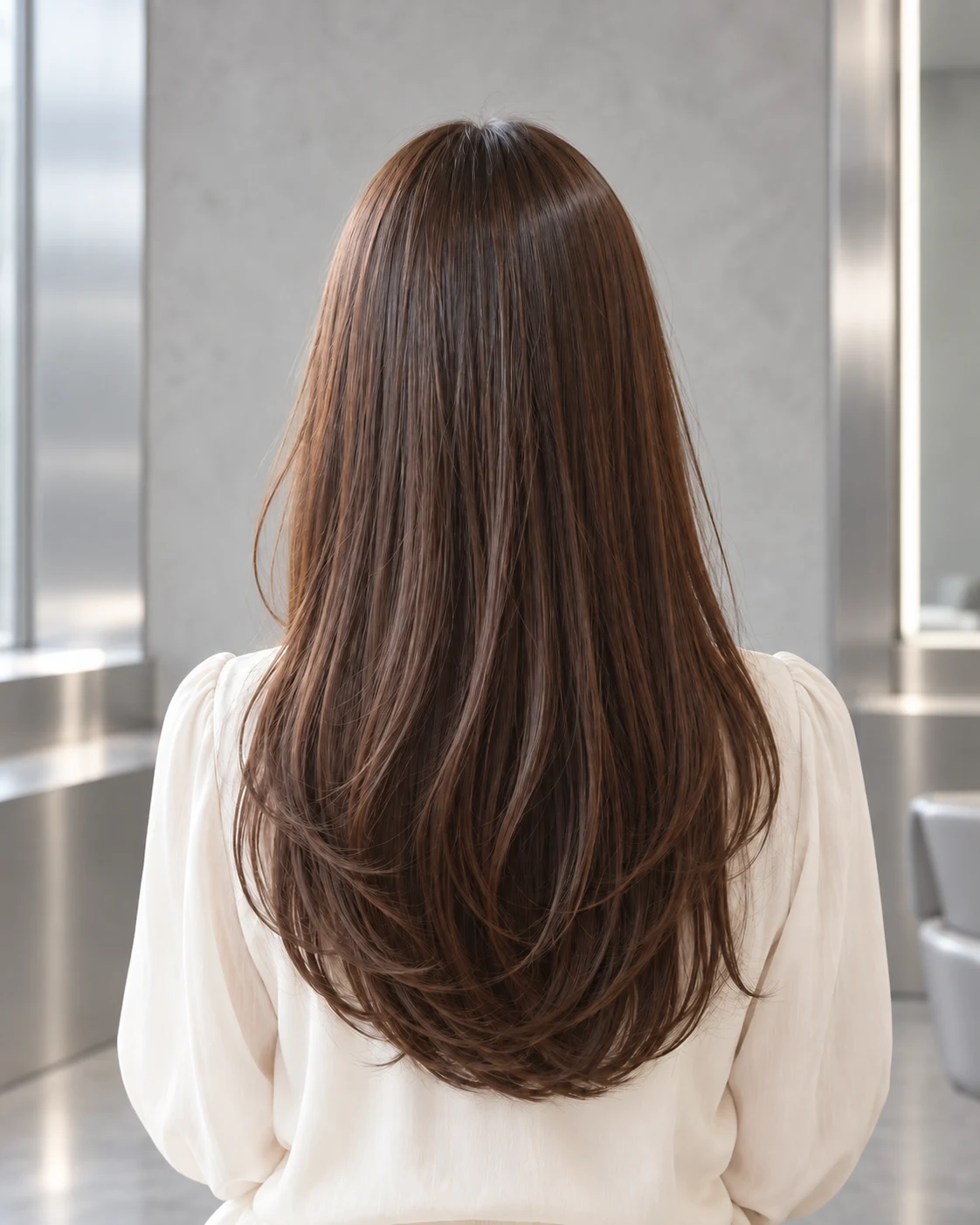 グレーの空間で艶やかなダークブラウンのロングヘアを後ろから見たスタイル見本