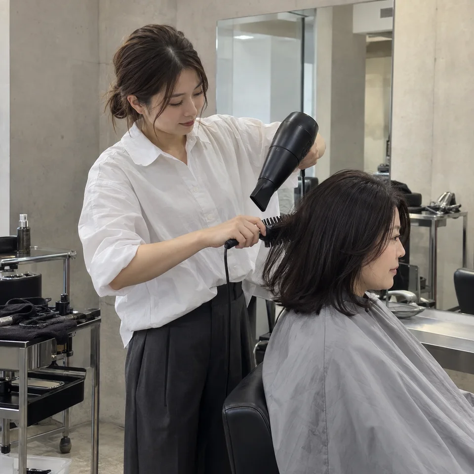 美容師が髪をブローする日常のひとこまを表現した生成画像